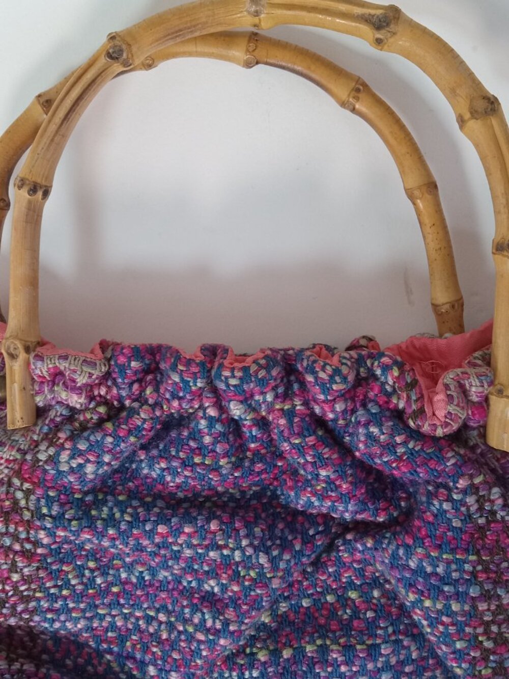 Vintage Hand Woven Fabric Textile Handbag Purse Pink Blue Bamboo Handles - Picture 13 of 15